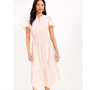 Loft | Pink Striped Midi Length Cinched Waist Dress Size Small